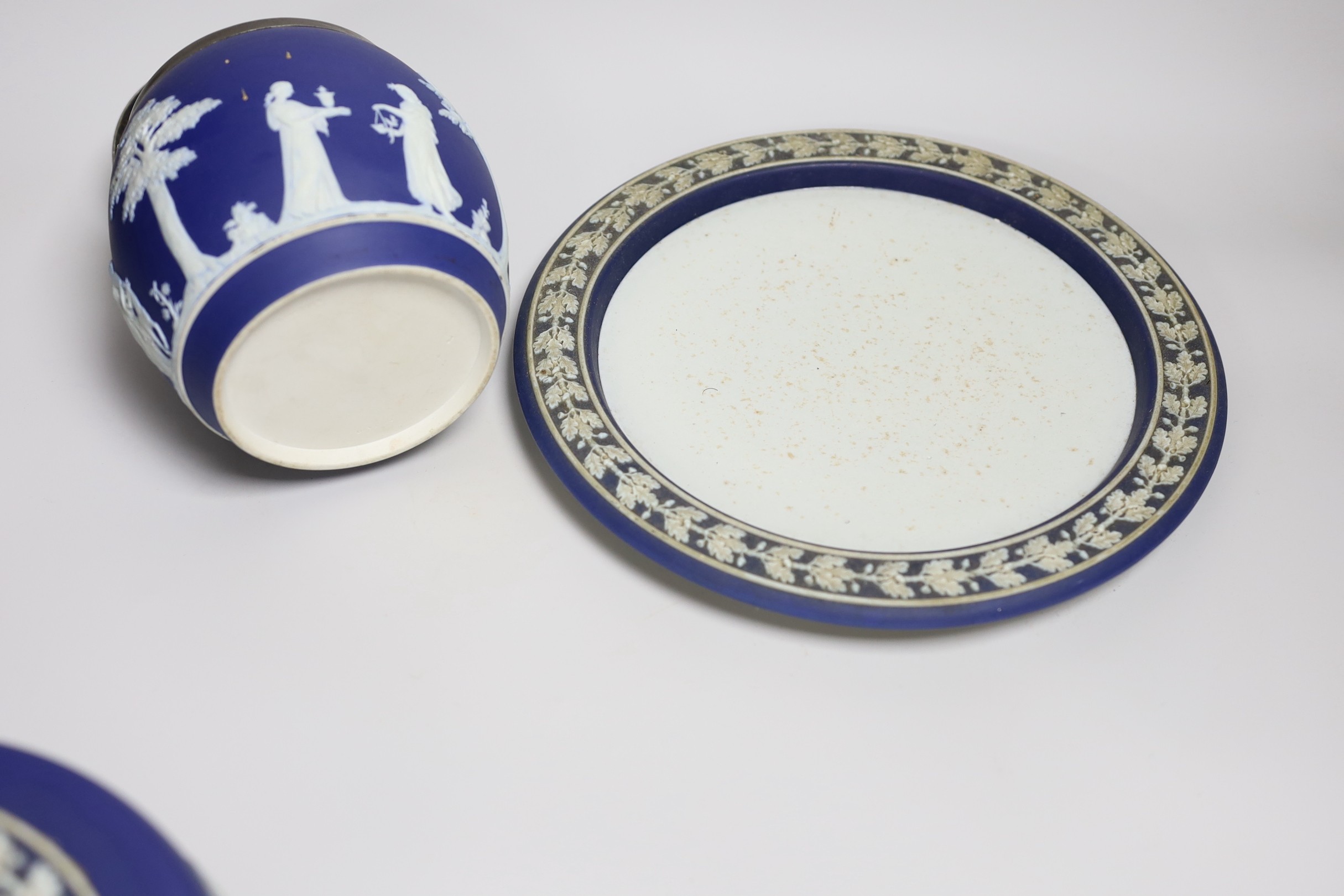 A Wedgwood jasper ware cheese dome and biscuit barrel